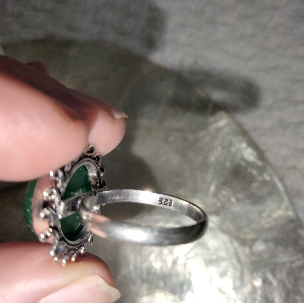 Stirling Silver Plated Genuine Green Onyx Ring - Picture 3 of 6